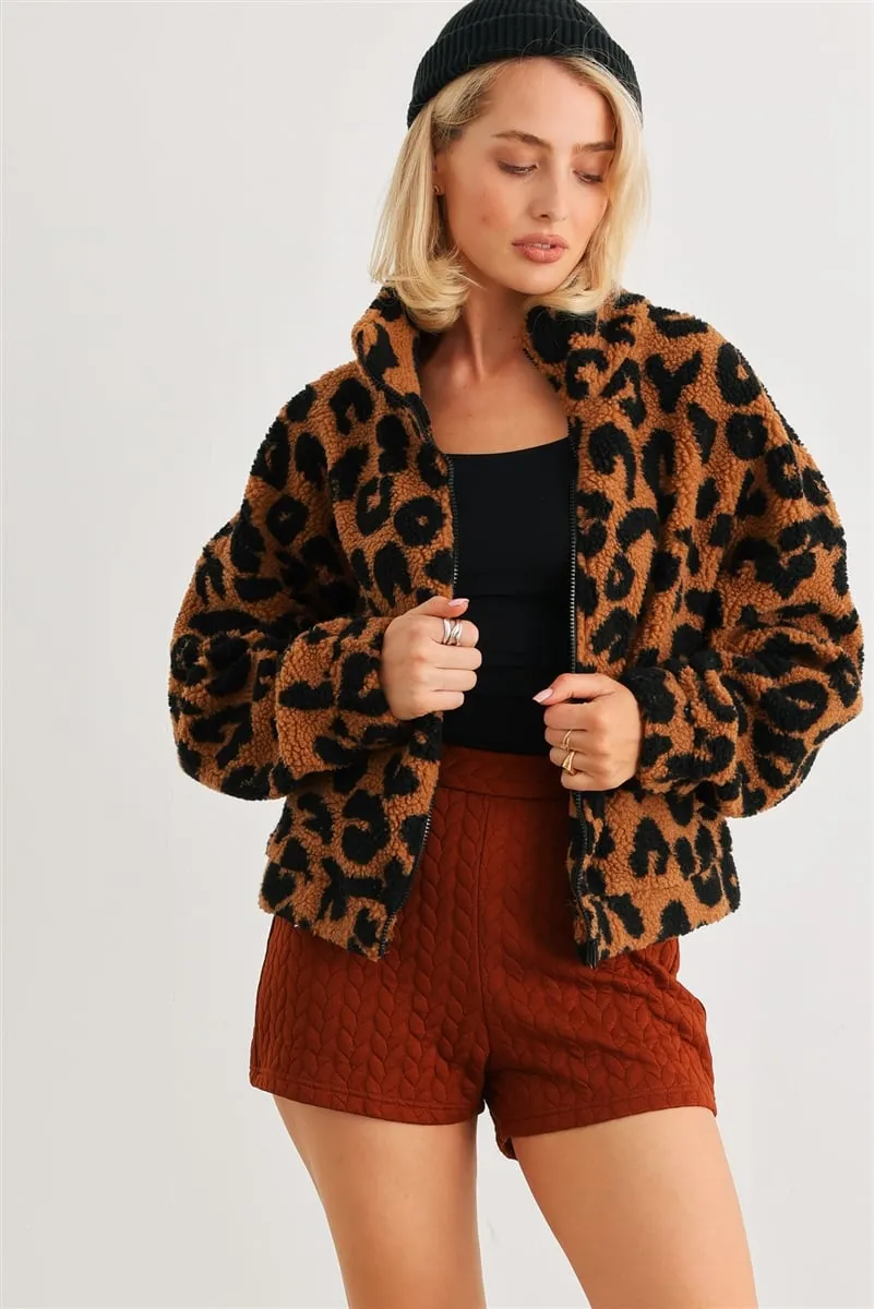 Women's Leopard teddy zip-up two pocket jacket